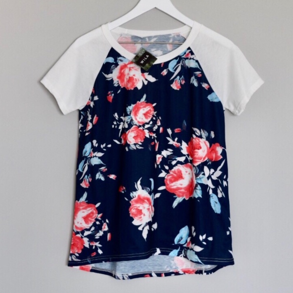 Navy Raglan Tee w/ Pretty Floral Pattern - Picture 2 of 8